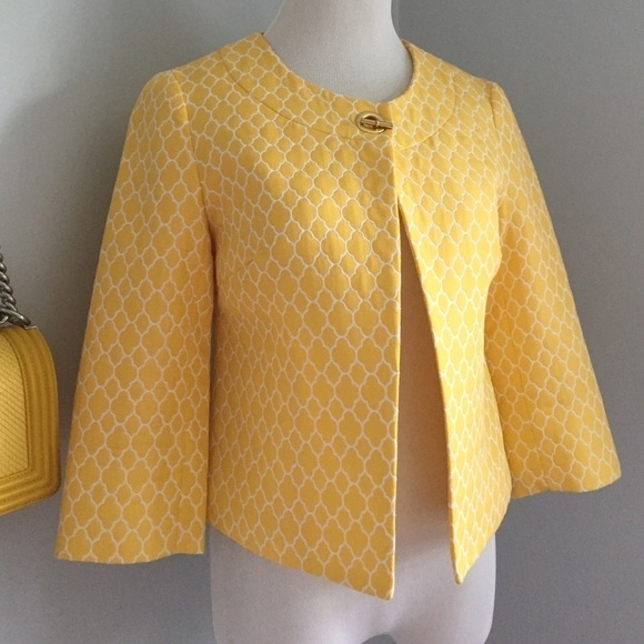 NWOT Yellow Cropped Sleeve Print Blazer Jackie O sz XS - Picture 3 of 6